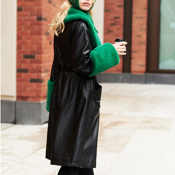 VEGAN LEATHER COAT WITH GREEN FAUX FUR